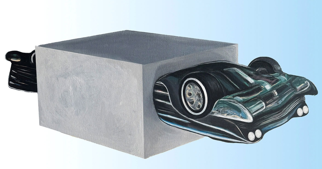 OPEN PAVILJOEN 2026  Een zwarte auto die uit een grijs blok lijkt te komen.
