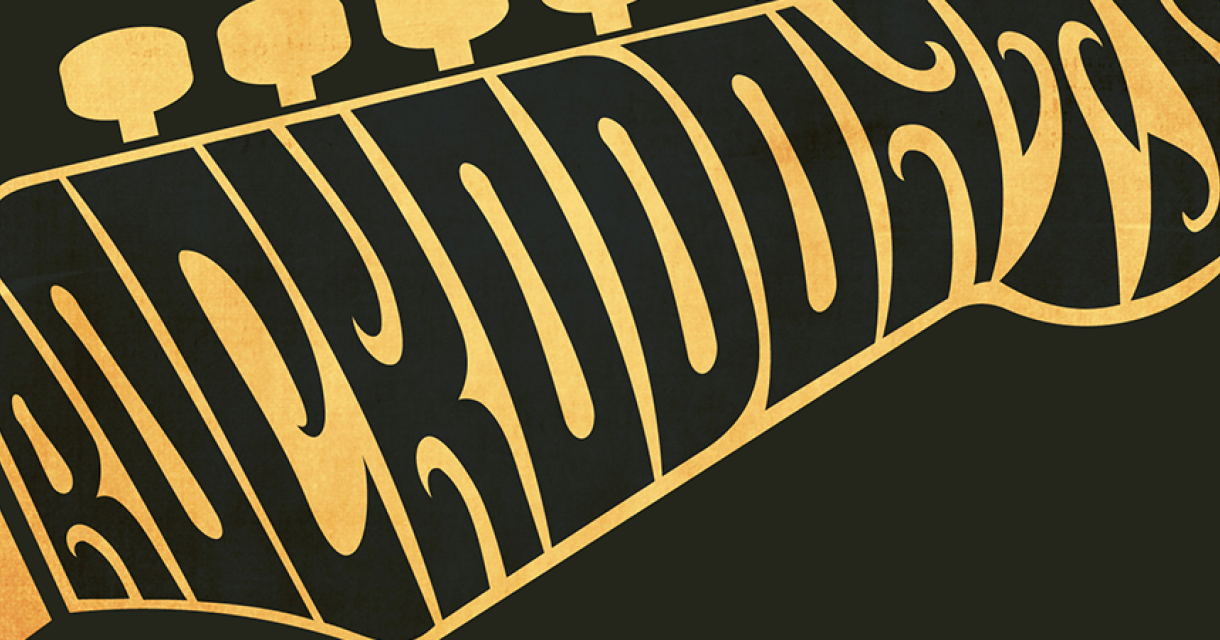 Een stylisch logo met de tekst Rockdods in goudkleurig ontwerp.