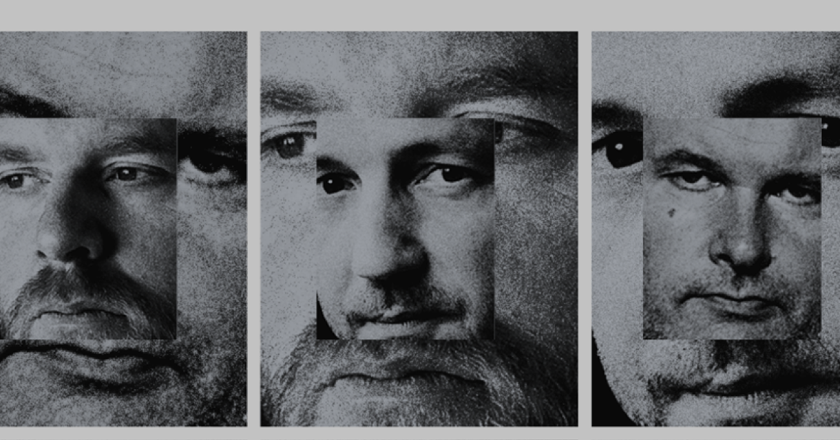 Close-up van drie abstracte gezichten in grijstinten.