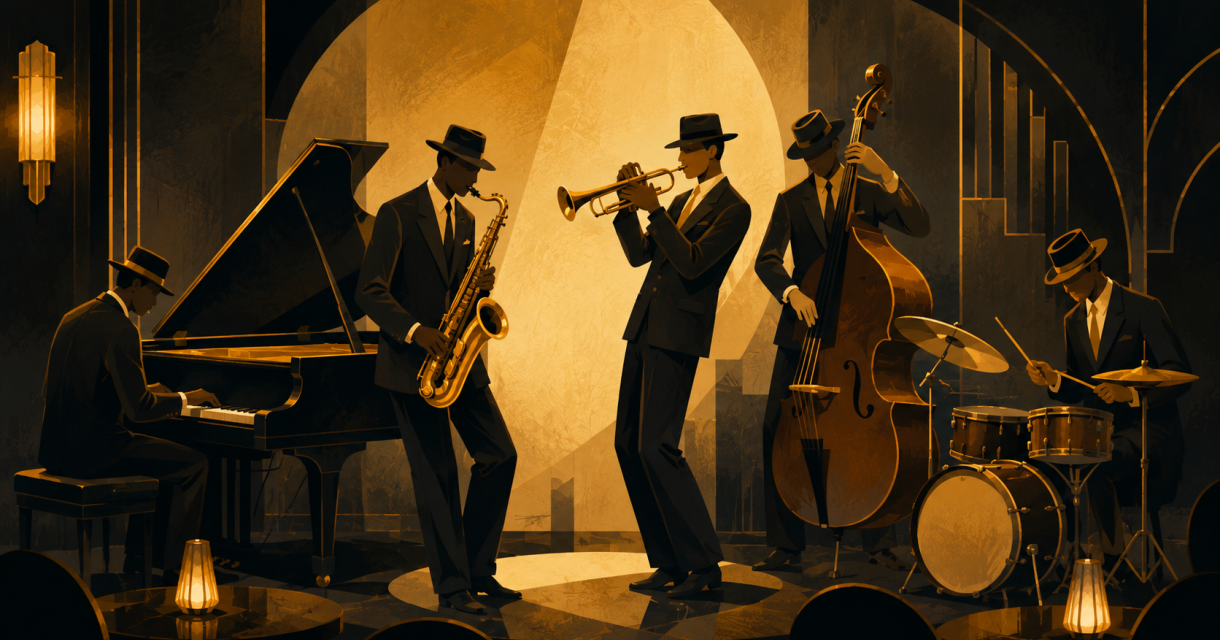 Tekening van zes muzikanten in pakken spelen jazzmuziek in een donkere zaal