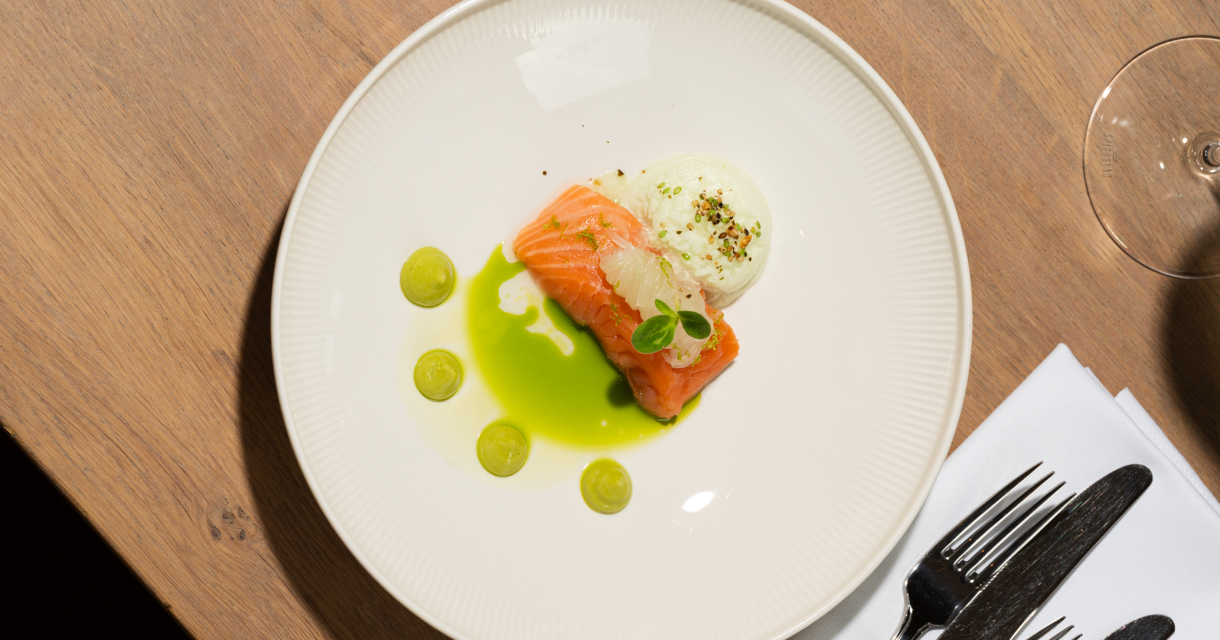 Een bord met zalm, witte saus en groene druppels.