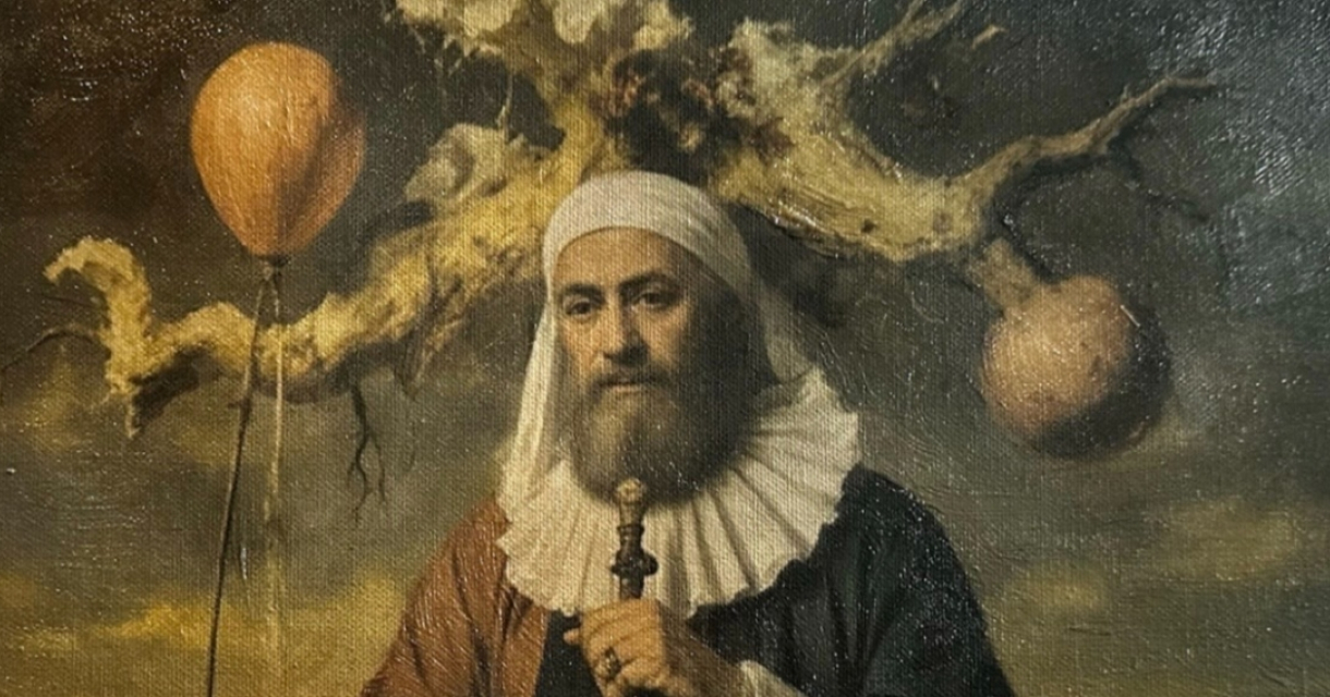 Samuel Escobar - De Tuin der Allegorieën. Man in historische kleding met een ballon en takken achter zich.