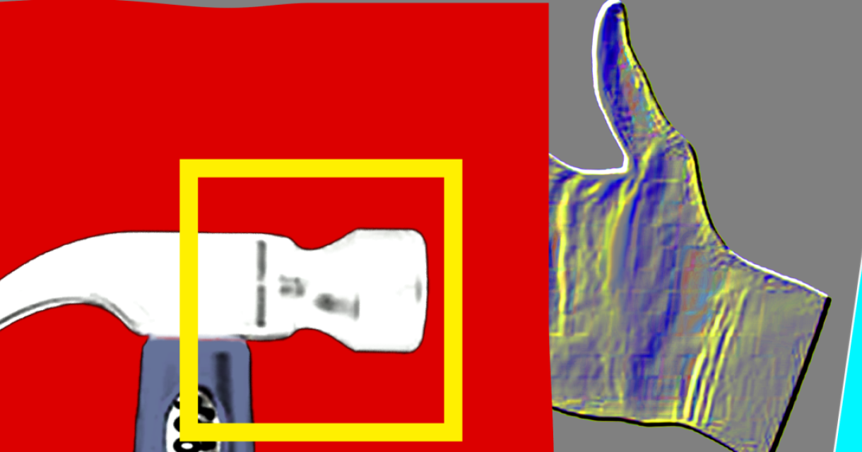 Een hamer en een handafbeelding met kleuraccenten.