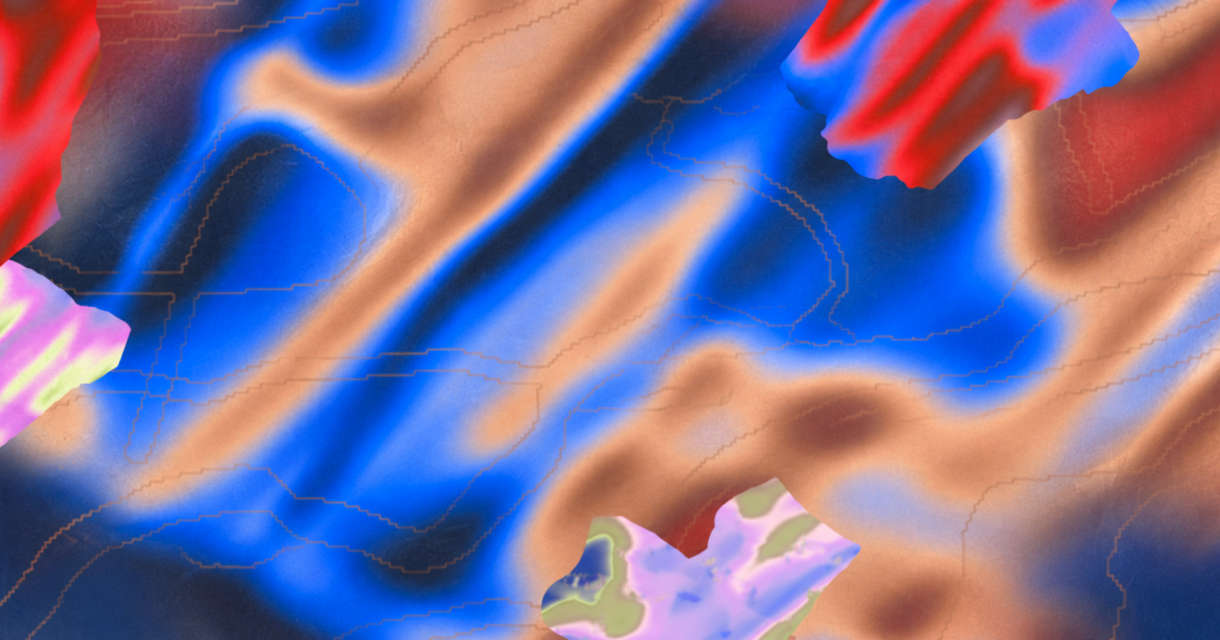 Een abstracte afbeelding met blauwe, rode en paarse tinten.