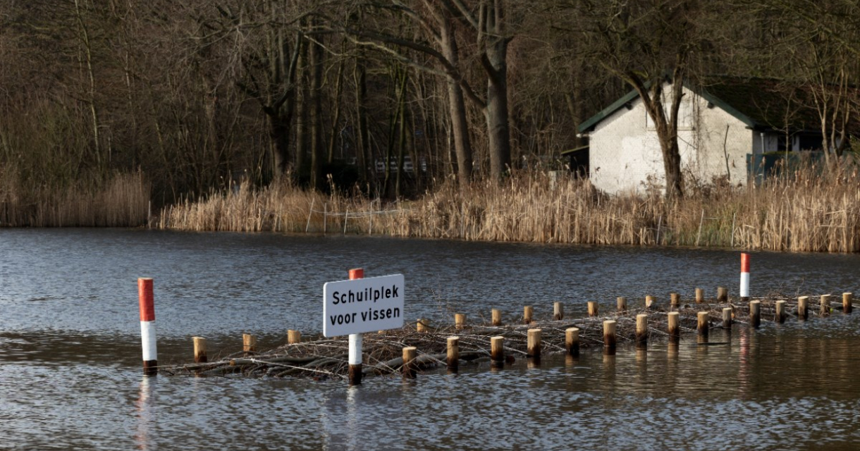 Een houten steiger in een watervlakte met een bord 'Schuilplek voor vissen'.