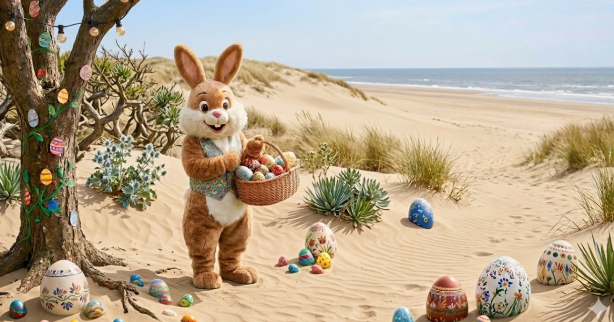 Een paashaas in een zandige omgeving met gekleurde eieren