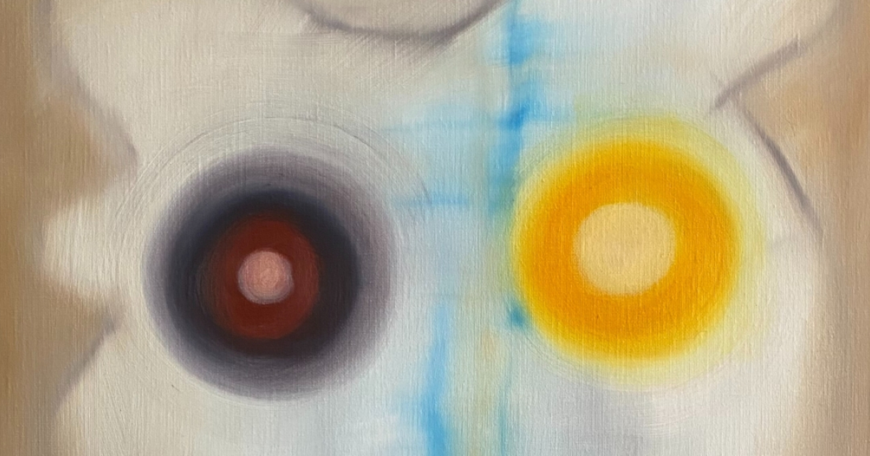 Abstracte afbeelding met een zwarte en een gele cirkel.