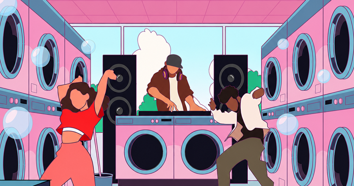 Drie mensen dansen in een kleurrijke wasserette met wasmachines.
