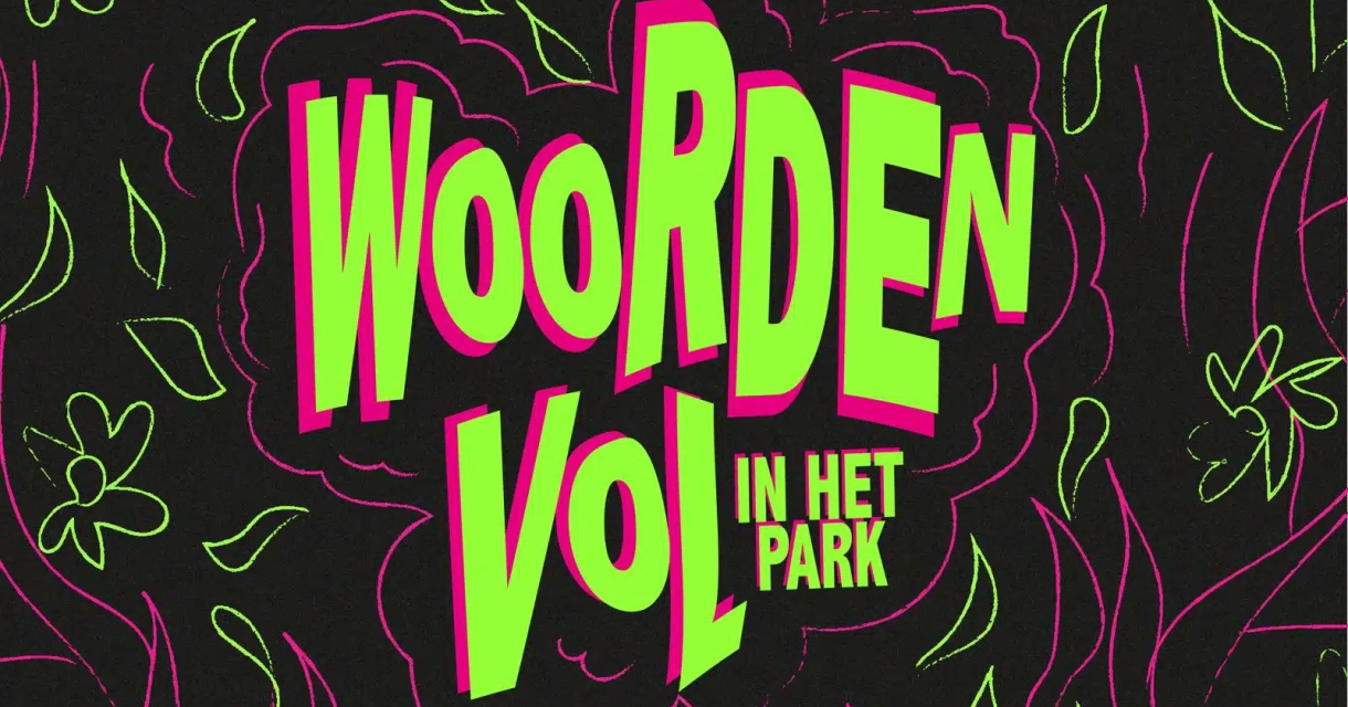 Colorful text 'Woorden vol in het park' with decorative leaves