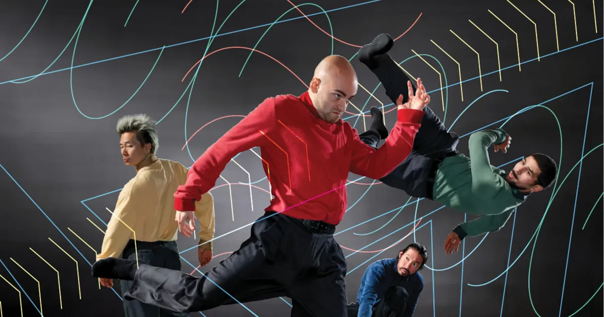 Vijf dansers in verschillende poses, met kleurrijke lijnen op de achtergrond.