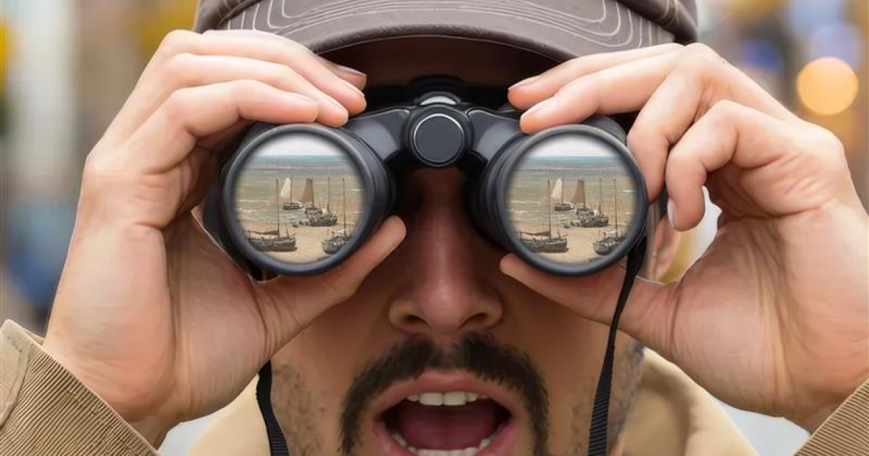 Man kijkt verrast door een verrekijker naar een van afbeelding Panorama Mesdag