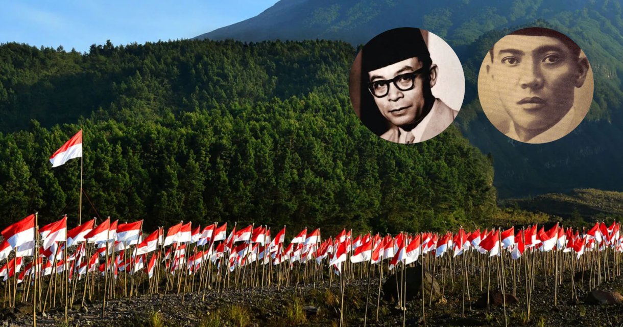 Verschillende Indonesische vlaggen steken af tegen een groene berg.