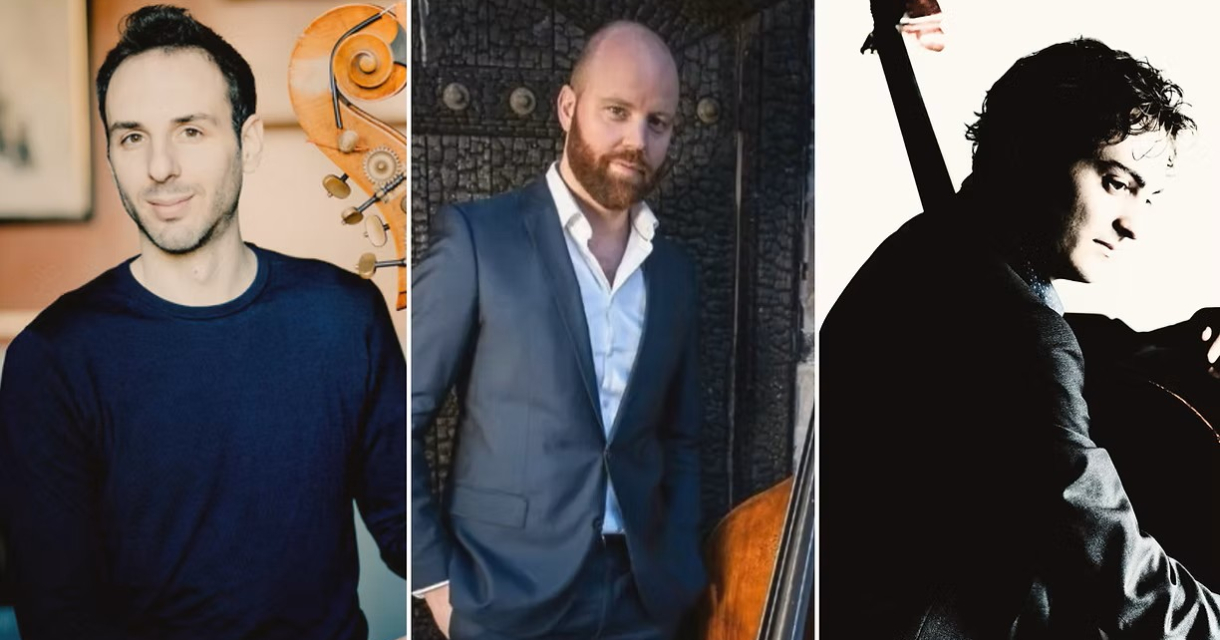 Drie cellisten, elk in een andere pose en setting.