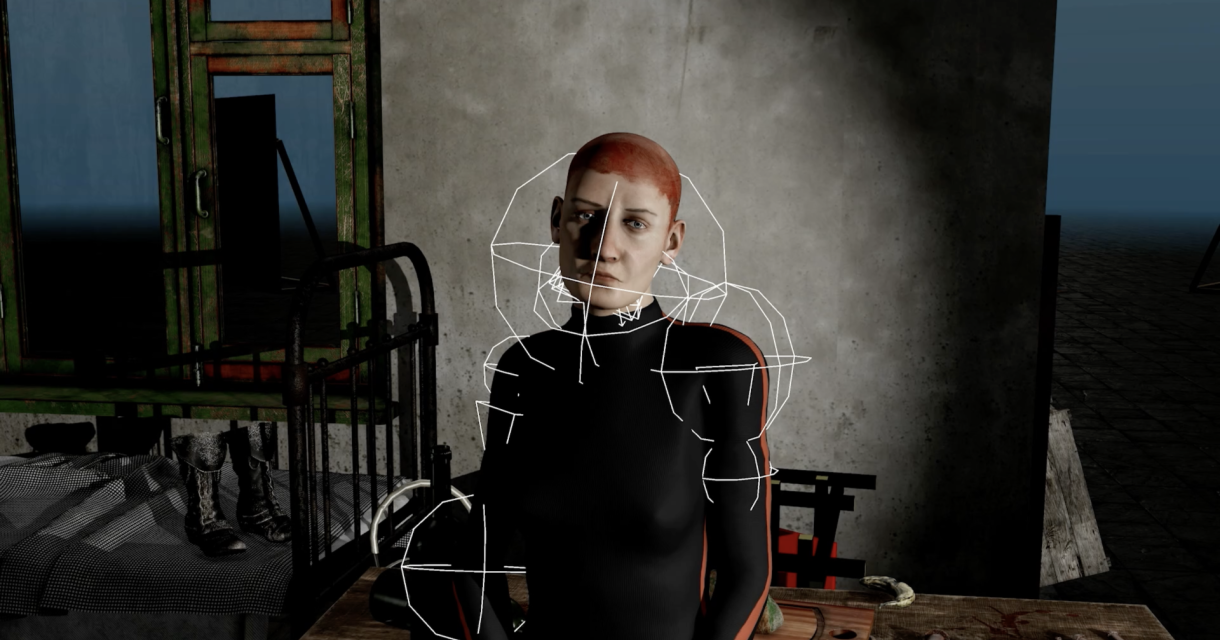 Een digitaal karakter met een geschoren hoofd staat voor een muur. Already Made, Barbara Visser, 2023