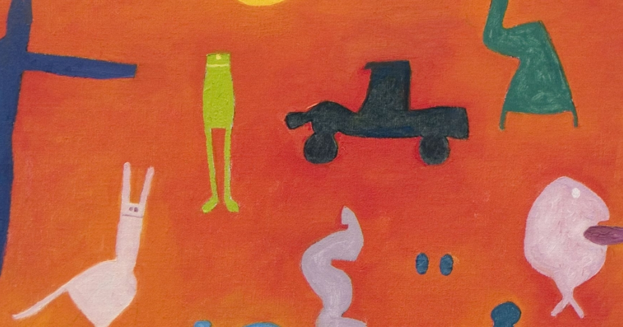 Een abstracte compositie met kleurrijke dieren en vormen op een oranje achtergrond.