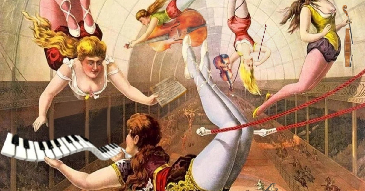 Vintage illustratie van circusartiesten zwevend door de lucht bij het concert Spectacular Spectacular