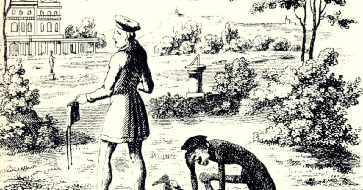 Zwart-witte illustratie van een staande man en een andere man op handen en knieën in een tuinachtig landschap