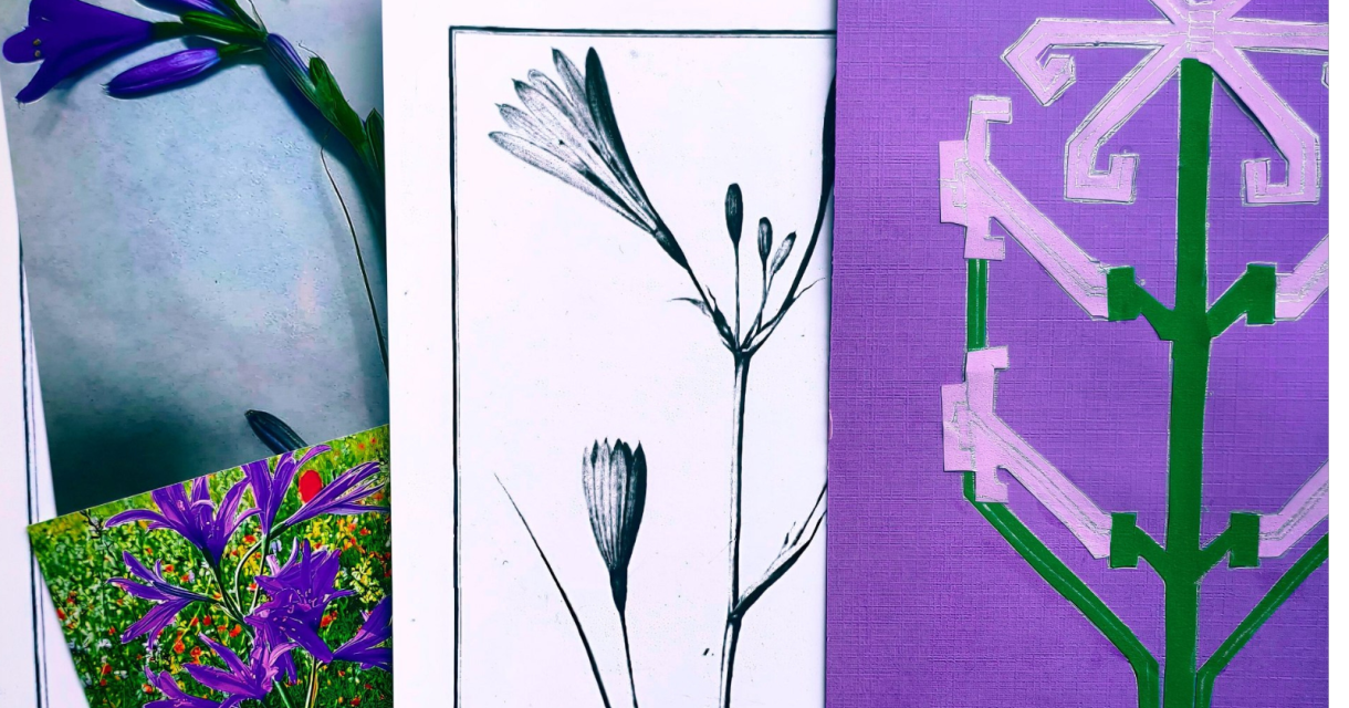 Een collage van bloemenillustraties en foto's.