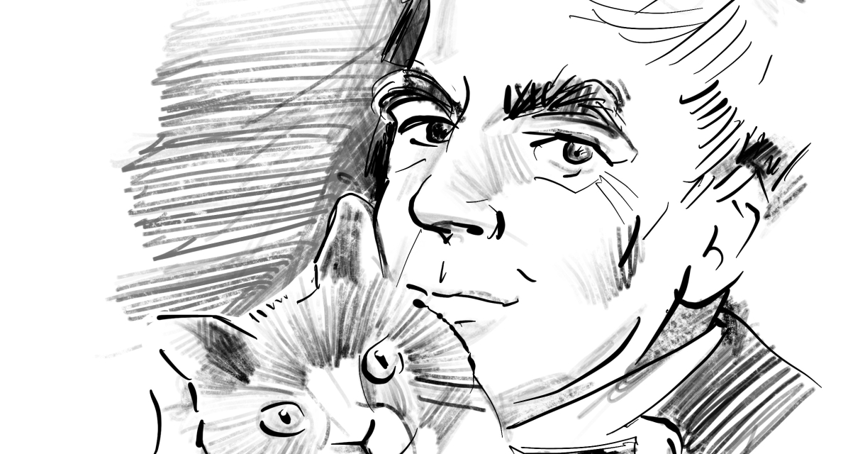 Dicht eens een Voskuil. Een man met grijs haar houdt een kat vast.