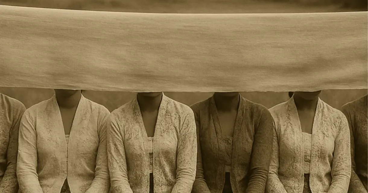 Five women sit side by side with a cloth over their faces.