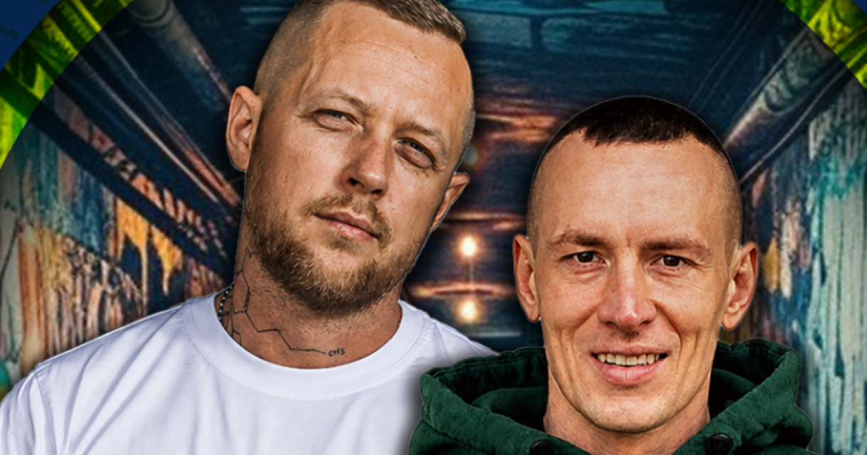 Dudek P56 + Wiśnia Bakajoko poseren voor een graffiti muurschildering.