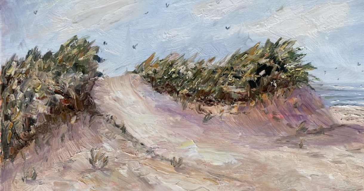 Schilderij van een duinlandschap met struiken en lucht.