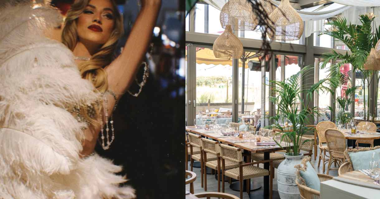 Danseres met verenoutfit naast sfeervol ingericht restaurant met veel licht en tropische planten Danseres met verenoutfit naast sfeervol ingericht restaurant met veel licht en tropische planten