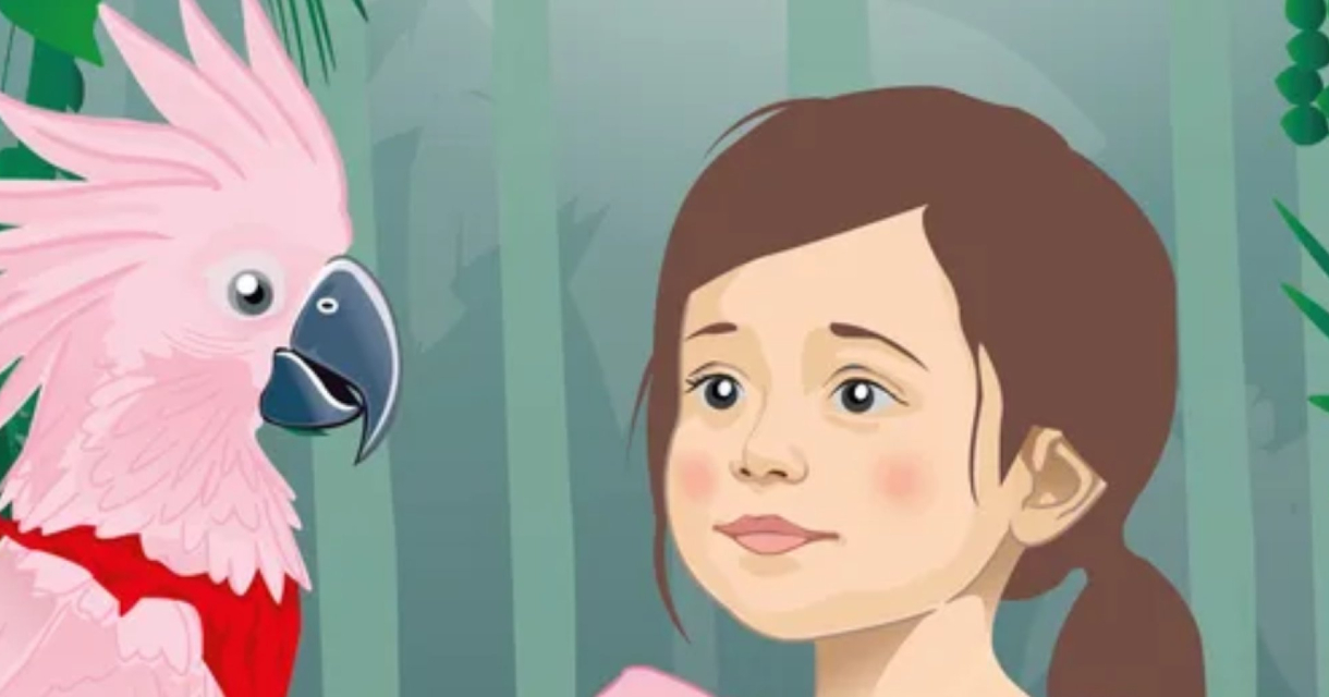 Een meisje kijkt naar een roze papegaai in de jungle.