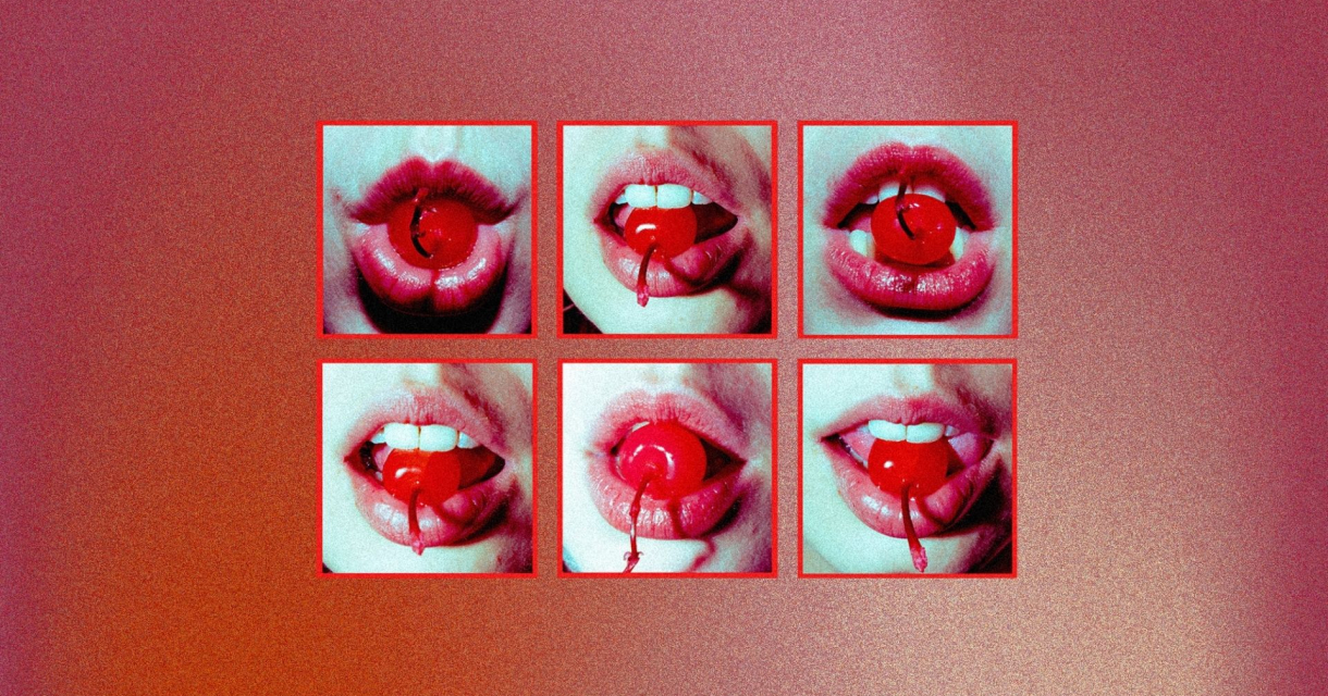 Zes close-ups van lippen met kersen en sap wat past bij de act van Girlypunk duo GIRLSSUCK.