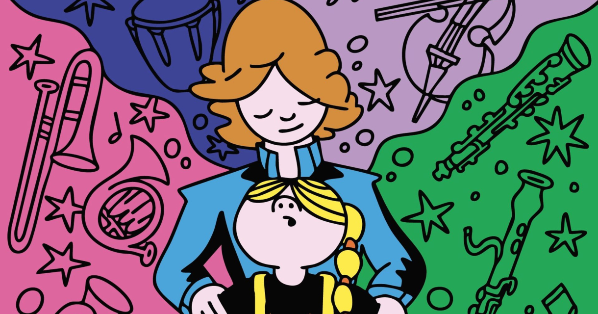 Twee kinderen in cartoonstijl met muzieknoten en instrumenten