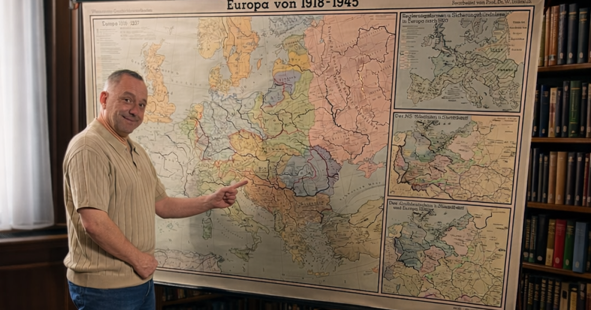 Man wijst naar een historische kaart van Europa van 1918 tot 1945.