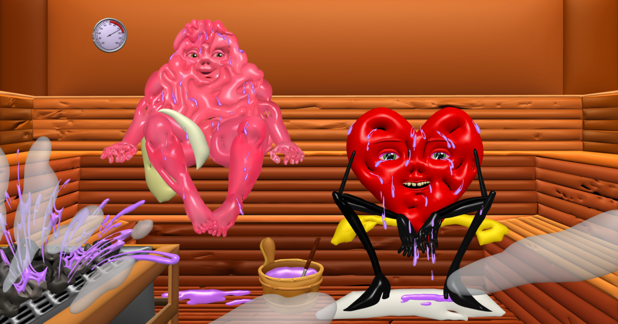 Een anthropomorf hart en een blob in een sauna.