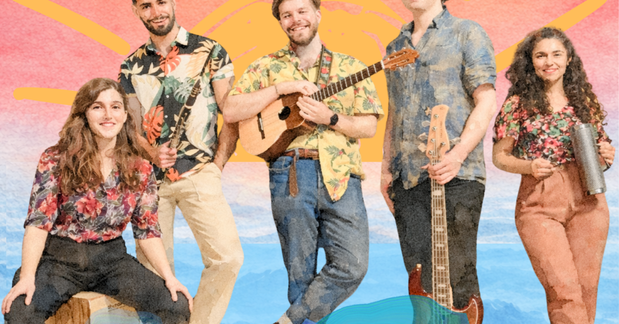 De band Warekes poseert met hun instrumenten in vrolijke shirts. 