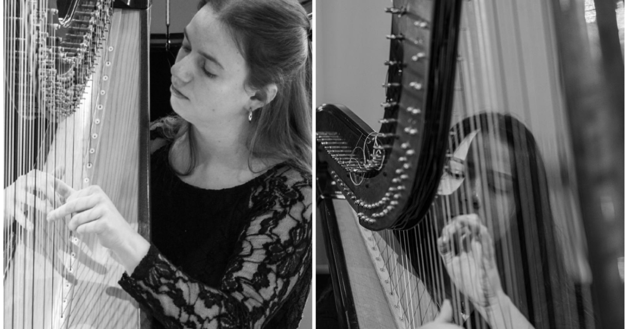 Collage van twee zwartwit foto's met twee vrouwen die harp spelen