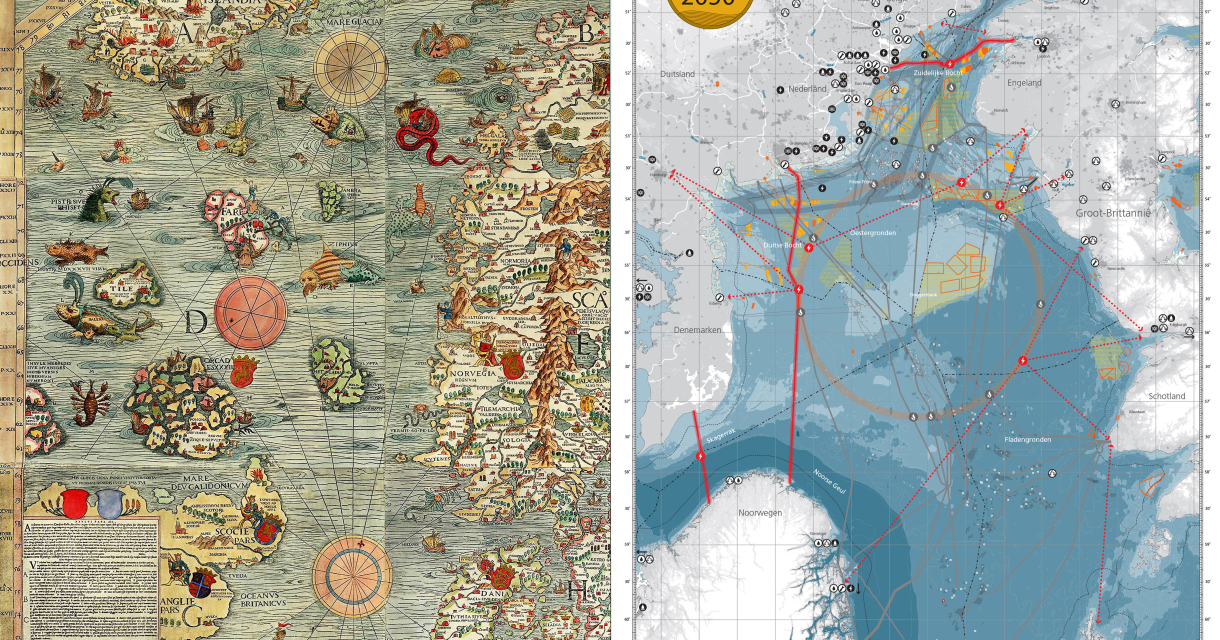 Een combinatie van een oude zeekaart en een moderne kaart van de Noordzee.