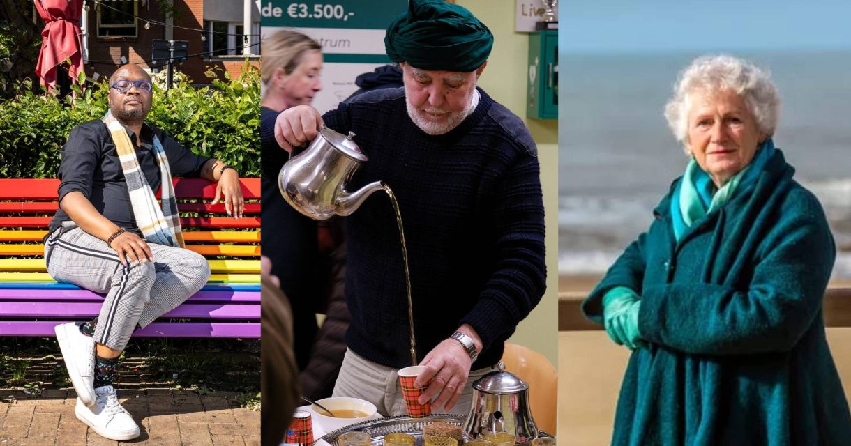Drieluik van een man op een regenboogbank, een man die thee opschenkt en een vrouw op het strand.