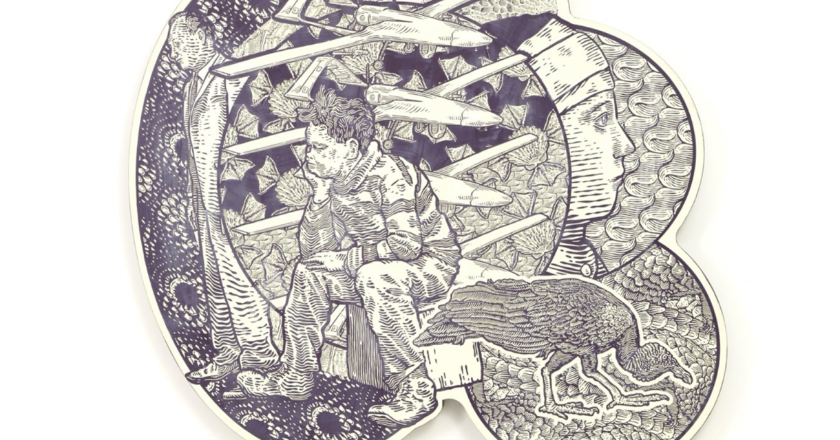 Gedetailleerde zwart wit illustratie die een beetje doet denken aan Escher van Peter Mammes. 