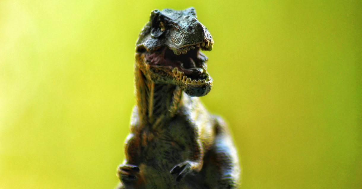 Detail van een T-Rex figuur met open mond