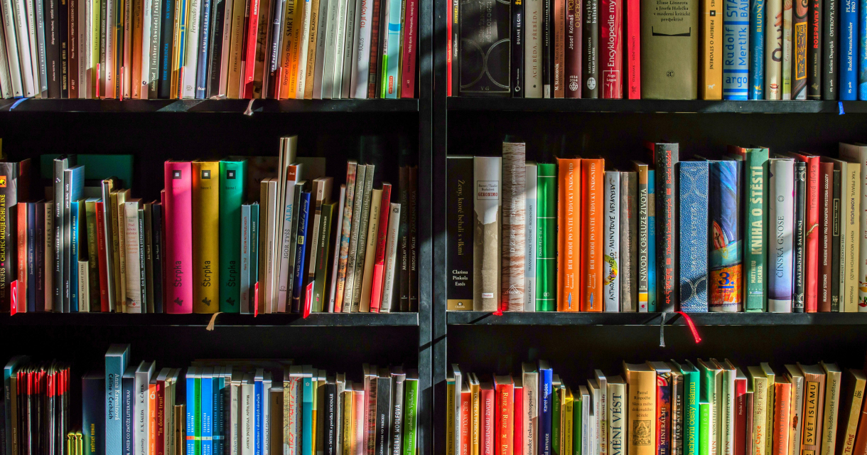 Zwarte boekenkast gevuld met kleurrijke boeken in verschillende talen, strak gerangschikt op planken