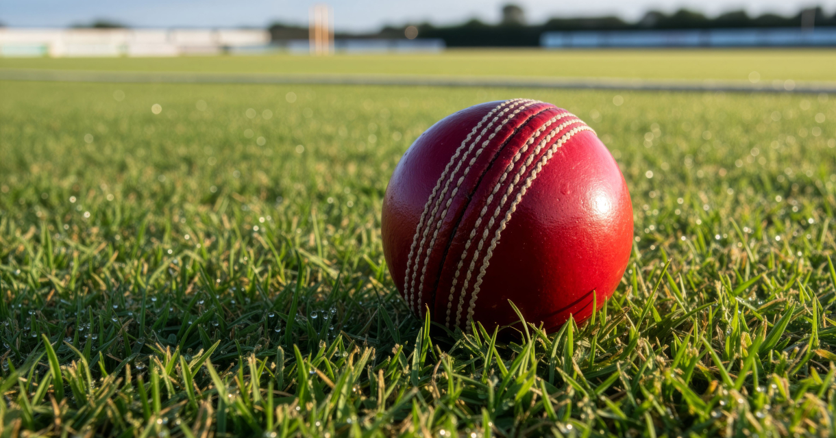 Een rode cricketbal ligt op groen gras.