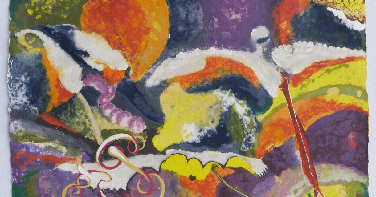 Kleurige abstracte schildering met organische vormen.