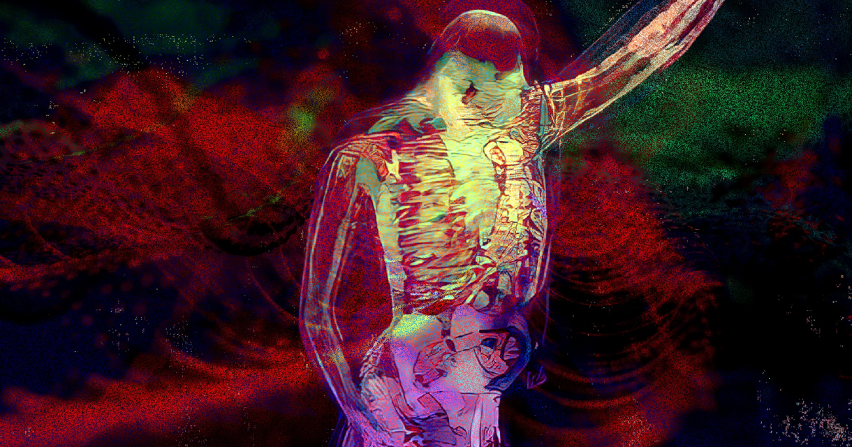 Een abstracte afbeelding van een menselijk lichaam in felle kleuren.