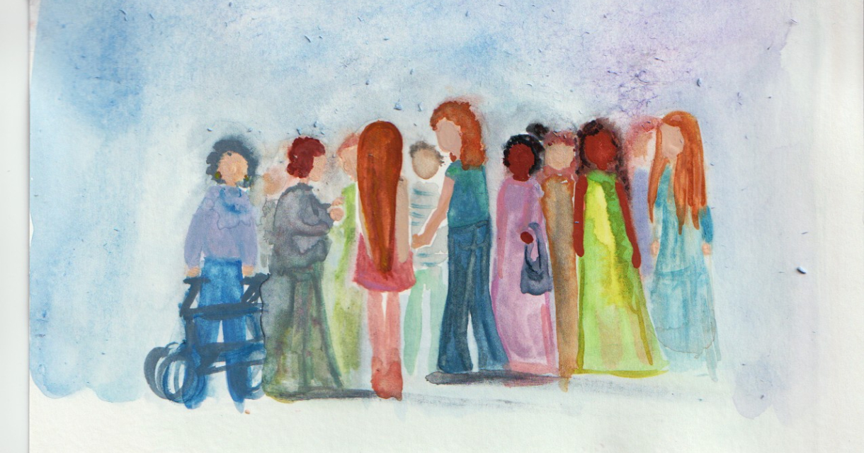 Kleurrijke aquarel van een groepje vrouwen. 