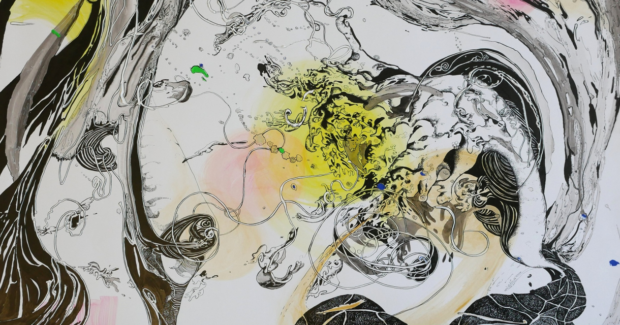 Een abstracte tekening met vloeiende lijnen en pastelkleuren.
