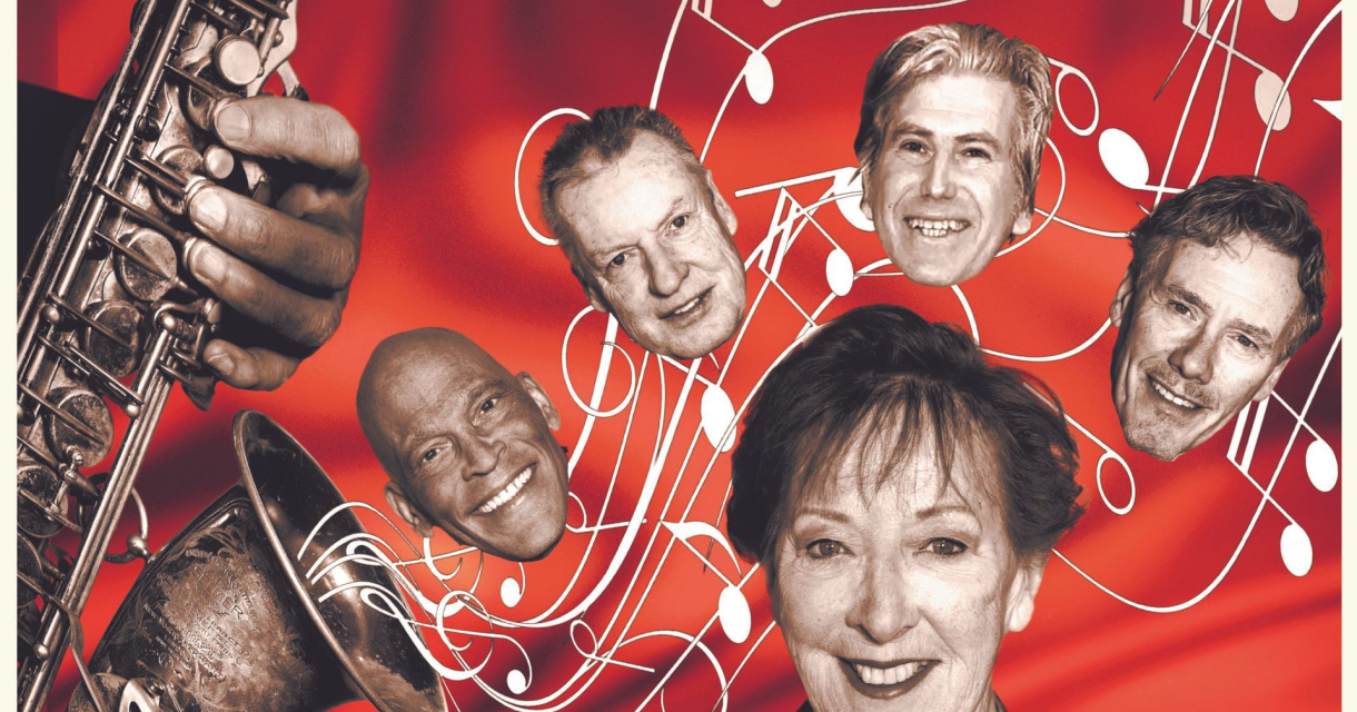 Collage met lachende hoofden van vijf artiesten, muzieksymbolen en een saxofoon op rode achtergrond Collage met lachende hoofden van vijf artiesten, muzieksymbolen en een saxofoon op rode achtergrond