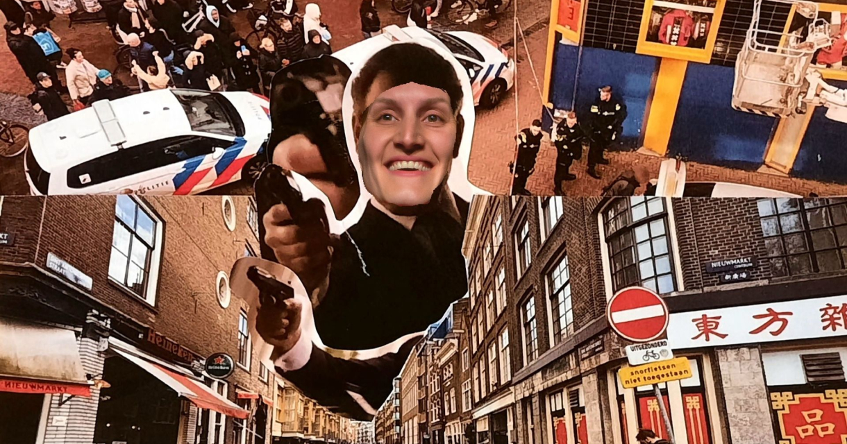 Collage van stedelijke taferelen met politieauto’s, agenten en een grote uitsnede van een lachende persoon met uitgestoken hand, geplaatst over een straatbeeld met Chinese geveltekens Collage van stedelijke taferelen met politieauto’s, agenten en een grote uitsnede van een lachende persoon met uitgestoken hand, geplaatst over een straatbeeld met Chinese geveltekens