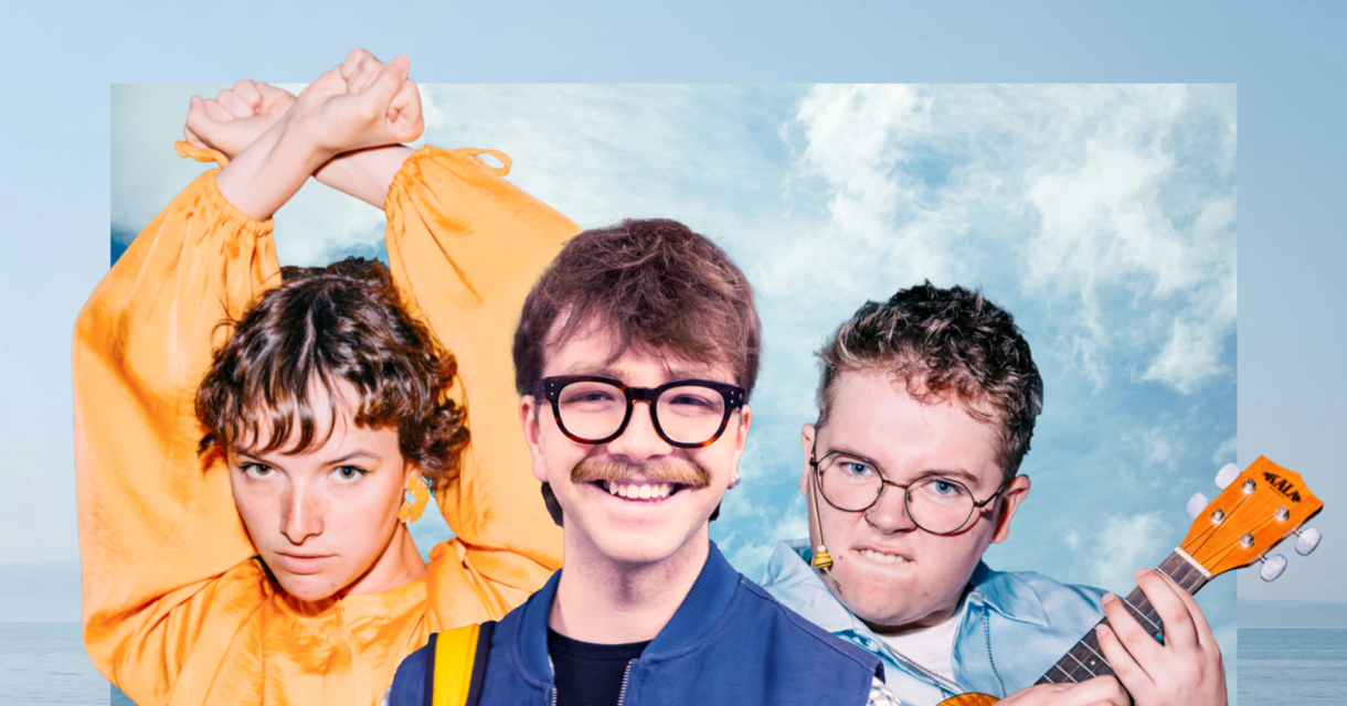 Drie jonge artiesten poseren speels voor een heldere lucht met wolken. Links een vrouw in een oranje blouse met opgestoken armen, in het midden een man met een grote glimlach en bril, rechts een man met bril en een ukelele. Drie jonge artiesten poseren speels voor een heldere lucht met wolken. Links een vrouw in een oranje blouse met opgestoken armen, in het midden een man met een grote glimlach en bril, rechts een man met bril en een ukelele.