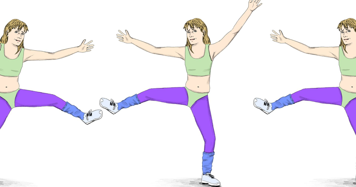 Illustratie van drie identieke vrouwen in jaren 80-aerobickleding die synchroon een been optillen tegen een witte achtergrond Illustratie van drie identieke vrouwen in jaren 80-aerobickleding die synchroon een been optillen tegen een witte achtergrond