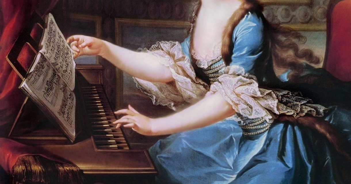 Detail van een klassiek schilderij van een vrouw in een blauw baljurk die klavecimbel speelt en een muziekblad aanraakt. Detail van een klassiek schilderij van een vrouw in een blauw baljurk die klavecimbel speelt en een muziekblad aanraakt.