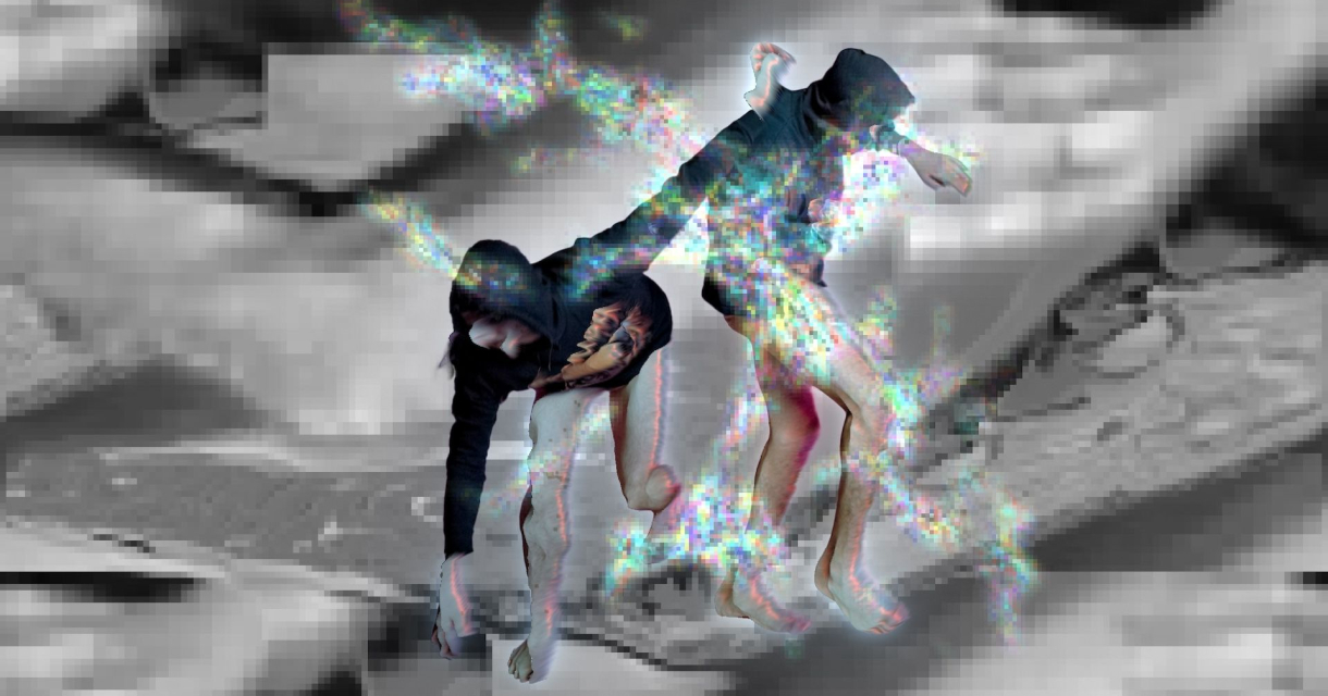 Twee figuren in hoodies met digitale glitch-effecten Twee figuren in hoodies met digitale glitch-effecten